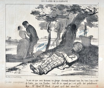 Kunstverk av Honore Daumier (1808-1879) Charivari stammer fra 1853: Serie LES PLAISIRS DE LA CAMPAGNE "" Jeg er sikker på at vi danner en sjarmerende gruppe, alle tre til hverandre ... ikke sant Caroline ... gjør ikke svare! Hun sover sannsynligv av Honoré Daumier