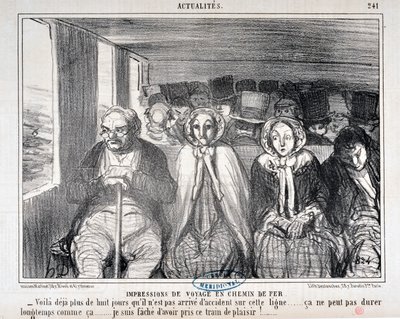 Kunstverk av Honore Daumier (1808-1879) Charivari stammer fra 1855: Serie Actualites de voyage en railroad “” -Her er mer enn åtte dager at det ikke har skjedd en ulykke på denne linjen... det kan ikke vare lenge slik. .. Jeg beklager å ha tatt dette toget av Honoré Daumier