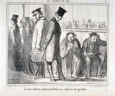 Kunstverk av Honore Daumier (1808-1879). Charivari stammer fra 1855: Serie LES Chemins de fer "" Venterommet eller kvarteret med ubehagelige refleksjoner""" MUSEE DES BEAUX ARTS - PALAIS LONGCHAMP, MARSEILLE av Honoré Daumier