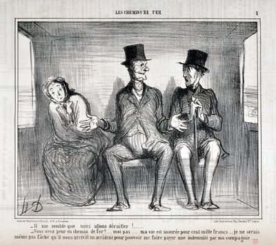 Kunstverk av Honore Daumier (1808-1879). Charivari stammer fra 1857: Serie LES RAILWAYS “” Det ser ut til at vi vil spore av!... Er du redd på jernbanen?... jeg ikke... livet mitt er forsikret for hundre tusen franc... jeg ønsker ikke engang å bekymre deg av Honoré Daumier