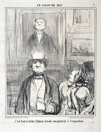 Kunstverk av Honore Daumier (1808-1879). Charivari stammer fra 1857: Serie SALON DE 1857 "" - Det er fortsatt smigrende å ha hans portrett på utstillingen"" MUSEE DES BEAUX ARTS - PALAIS LONGCHAMP, MARSEILLE av Honoré Daumier