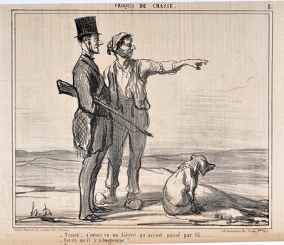 Kunstverk av Honore Daumier (1808-1879) Charivari stammer fra 1857: Serie sketches de chasseur “” Hold... Jeg så en havn som hadde ved... - Er det så lenge?...”” MUSEUM OF FINE ARTS - PALACE LONGCHAMP, MARSEILLE av Honoré Daumier