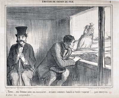 Kunstverk av Honore Daumier (1808-1879) Charivari stammer fra 1858: Serie EMOTIONS EN Chemin de fer - "Her... min kone med en gentleman... og vi går for fullt!... ingen måte å overraske dem!!...” MUSEUM FOR FINE ARTS - PALACE LONGCHAMP, MARS av Honoré Daumier