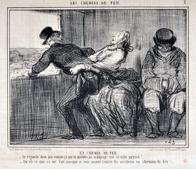 Kunstverk av Honore Daumier (1808-1879). Charivari stammer fra 1858: Serie LES RAILWAYS By Railroad “” -Så ikke se slik ut gjennom døren, en ulykke kommer så fort!... “Hva betyr det for meg, siden jeg er forsikret mot ulykker på jernbane av Honoré Daumier