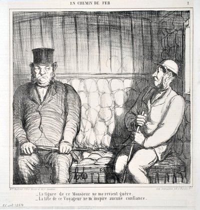 Kunstverk av Honore Daumier (1808-1879). Charivari stammer fra 1864: Serie LES CHAINS DE RAILWAY “” – Figuren til denne herren kommer ikke tilbake til meg. - hodet til denne reisende gir meg ingen tillit””” MUSEE DES BEAUX ARTS - PALAIS LONGCHAMP, MARSE av Honoré Daumier