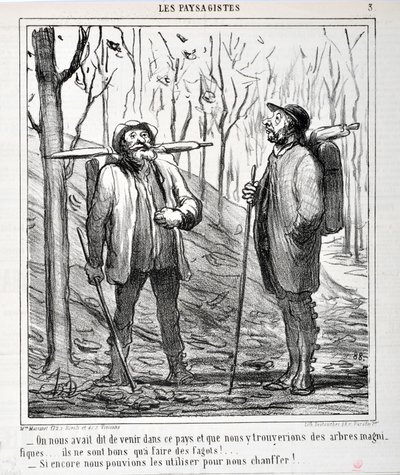 Kunstverk av Honore Daumier (1808-1879). Charivari stammer fra 1864: Serie LES LANDSAGISTS "" - Vi ble fortalt at vi skulle komme til dette landet og at vi ville finne vakre trær... de er gode til å lage fagoter!... "Hvis vi kunne bruke dem til å varme oss av Honoré Daumier