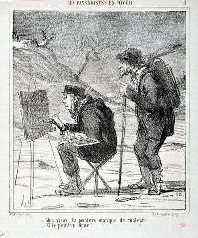 Kunstverk av Honore Daumier (1808-1879). Charivari stammer fra 1864: Serie LES LANDSAGISTS IN WINTER “” - Min gamle mann, maleriet ditt mangler varme - Og maleren så! “” MUSEUM FOR FINE ARTS - PALACE LONGCHAMP, MARSEILLE av Honoré Daumier