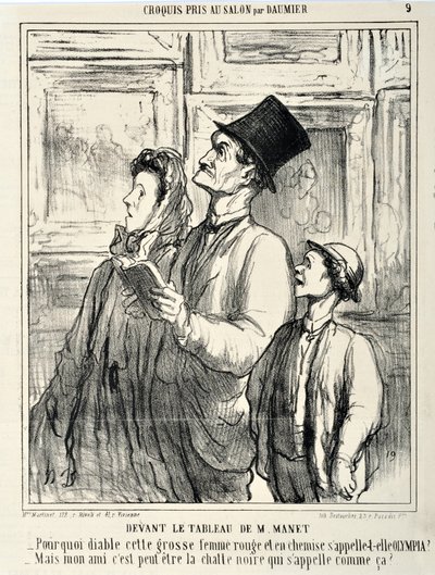 Kunstverk av Honore Daumier (1808-1879) Charivari stammer fra 1865: Serie CRUQUIS PAUIT I SALONGEN Foran et maleri av Manet “” -Hvorfor i helvete heter denne store røde kvinnen i en skjorte Olympia? – Men vennen min er kanskje den svarte katten som heter d av Honoré Daumier