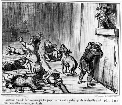 Aspekter av gatene i Paris siden eierne gjorde at de ikke lenger ville slippe inn i bygningene sine verken hunder eller barn, hentet fra "" Tenants et Proprietaires", en serie tegneserier av Honore Daumier (1808-1879). “Charivari” av Honoré Daumier