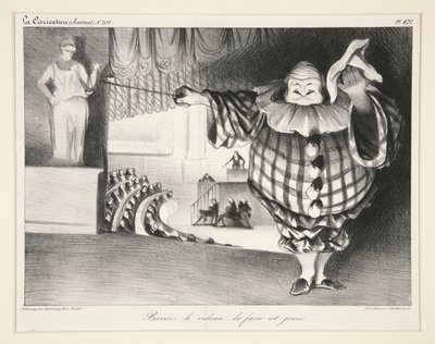 Baissez le rideau, la farce est jou?e. (Senk forhenget, farsen er over.), pl. 421 fra tidsskriftet La Caricature nr. 201 av Honoré Daumier