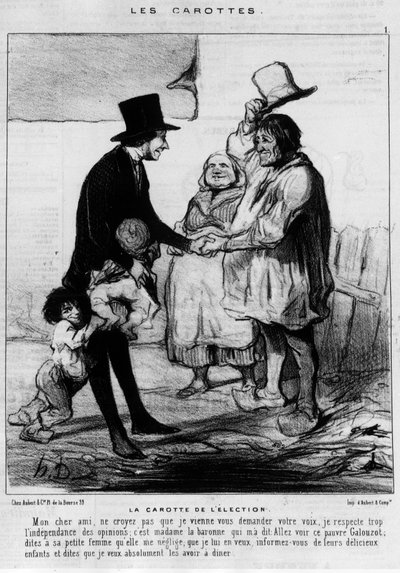Kandidat for valgbesøk i en bondefamilie: "" Valgets gulrot"" - tegneserie av Daumier, i "" Charivari"" av 21.03.1844 av Honoré Daumier