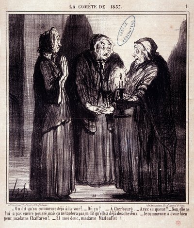 Tegneserie om vitenskap. Serie Sur “” the Comete of 1857””: “” De sier at vi allerede begynner å se henne!...”” Gravering av Honore DAUMIER (1808-1879). Utdrag fra avisen "" Le Charivari"" 7. mars av Honoré Daumier