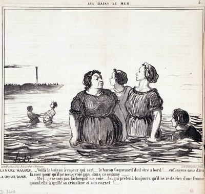 Tegneserie om utseende og mote. Serien “” Les Bains de Mer””: “” Den magre damen (...), den tykke damen (...)” Gravering av Honore DAUMIER (1808-1879). Utdrag fra avisen "" Le Charivari"" 16. september av Honoré Daumier