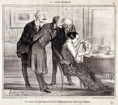 Tegneserie om kunstsamlere. Serien "" Potichomania"": "" En falsk vase fra Japan som beundrer tre kinesere." Gravering av Honore DAUMIER (1808-1879). Utdrag fra avisen "" Le Charivari"" av Honoré Daumier