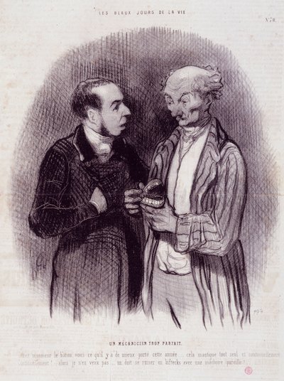 Tegneserie om tannkirurger. Serien "" The Beautiful Days of Life"": En mekaniker for perfekt ..."". Gravering av Honore DAUMIER (1808-1879). Utdrag fra avisen "" Le Charivari"" 22. september av Honoré Daumier