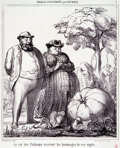 Tegneserie om hagearbeid. Serie "" Autumn Sketch"": "" The King of Pumpkins mottar hyllest fra sine undersåtter"". Gravering av Honore DAUMIER (1808-1879). Utdrag fra avisen "" Le Charivari"" 23. september av Honoré Daumier