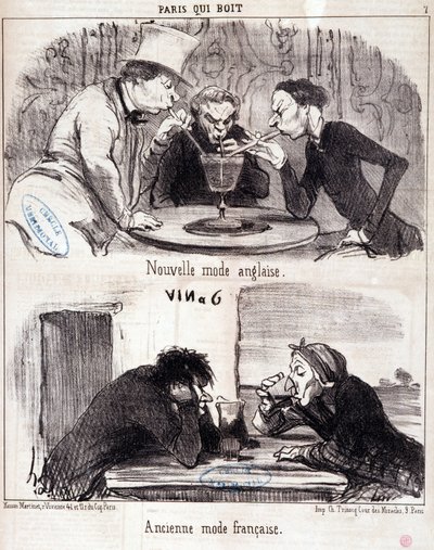 Tegneserie om gastronomiske overgrep. "Paris qui drinks"-serien: ny engelsk mote og gammel fransk mote. Gravering av Honore DAUMIER (1808-1879). Utdrag fra avisen “” Le Charivari”” 23. juni 1852 Dim 37x26 cm Inv D 2312 - eske 24 N¡7. Marseille, Muse av Honoré Daumier