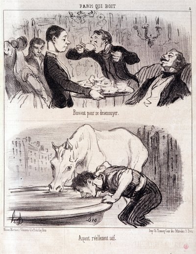 Tegneserie om gastronomiske overgrep. Serie Paris-drikking: "" Drikker for å kjede seg. Virkelig tørst." Gravering av Honore DAUMIER (1808-1879). Utdrag fra avisen “” Le Charivari”” 16. juni 1852 Dim 37x26cm Inv D 2310 - eske 24 N¡5. Marseille, Musee des B av Honoré Daumier