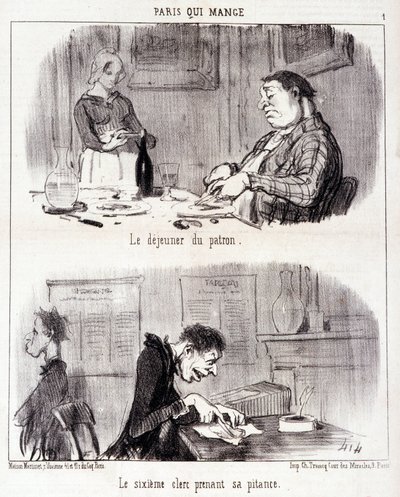 Tegneserie om gastronomiske overgrep. Serie “” Paris qui mange””: Sjefens frokost. Den sjette ekspeditøren tar elendig. Gravering av Honore DAUMIER (1808-1879). Utdrag fra avisen "" Le Charivari"" 26. juni av Honoré Daumier