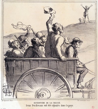 Tegneserie om jegere. Serien "Høstskisse: Åpning av jakten, to rapphøns ble signalisert i landet", fra avisene "Le Charivari" av Honoré Daumier