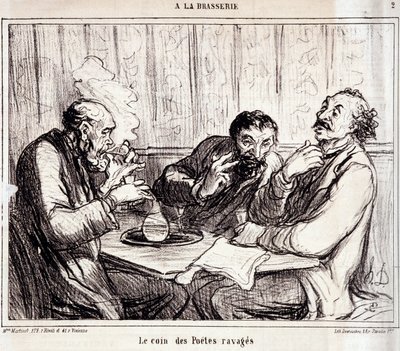 Tegneserie om diktforfattere. Serien "" A la brasserie"": "" Hjørnet av herjede poeter""". Gravering av Honore DAUMIER (1808-1879). Utdrag fra avisen "" Le Charivari"" 7. januar av Honoré Daumier