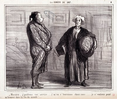 Tegneserie om vitenskap. Serie "" On the Comete of 1857"": "" Mossieu, jeg forlater din tjeneste..."" Gravering av Honore DAUMIER (1808-1879). Utdrag fra avisen "" Le Charivari"" 13. mars av Honoré Daumier
