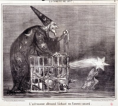 Tegneserie om vitenskap. Serie Sur "" kometen fra 1857"": "" Den tyske astronomen forlater en berømt and""". Gravering av Honore DAUMIER (1808-1879). Utdrag fra avisen "" Le Charivari"" 2. mars av Honoré Daumier