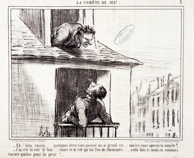 Tegneserie om vitenskap. Serie Sur “” the Comete of 1857””: “” Vel nabo... hvorfor gjorde du et så stort rop...”” Gravering av Honore DAUMIER (1808-1879). Utdrag fra avisen "" Le Charivari"" 11. mars av Honoré Daumier