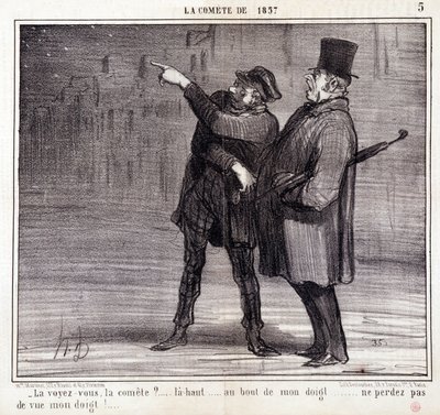 Tegneserie om vitenskap. Serie om “” kometen fra 1857”: “” Ser du komiteen?...” En tyv avleder offerets oppmerksomhet. Gravering av Honore DAUMIER (1808-1879). Utdrag fra avisen "" Le Charivari"" 19. mars av Honoré Daumier