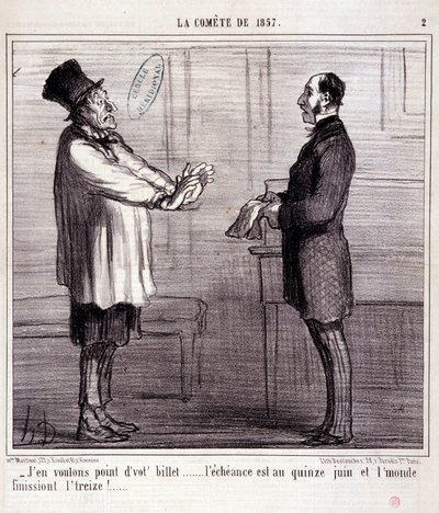 Tegneserie om vitenskap. Serie om “” the Comete of 1857””: I want no ticket...” Gravering av Honore DAUMIER (1808-1879). Utdrag fra avisen "" Le Charivari"" 4. mars av Honoré Daumier