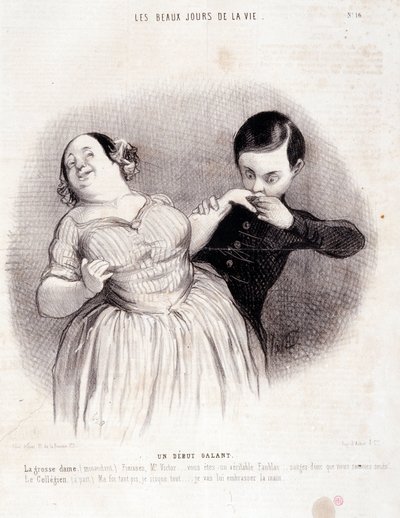 Tegneserie om paret. Serien "" The Beautiful Days of Life"": "" En galant begynnelse..."" Gravering av Honore DAUMIER (1808-1879). Utdrag fra avisen "" Le Charivari"" 10. juli av Honoré Daumier