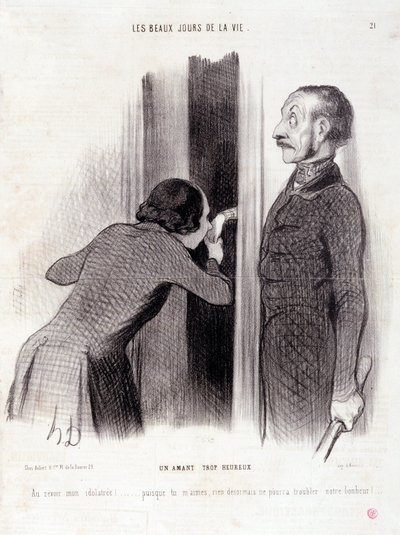 Tegneserie om paret. Serien "" The Beautiful Days of Life"": "" En elsker for glad..." Gravering av Honore DAUMIER (1808-1879). Utdrag fra avisen "" Le Charivari"" 1. september av Honoré Daumier