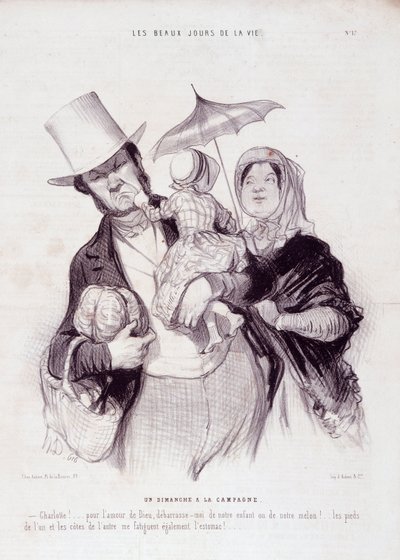 Tegneserie om familien. Serien “” The Beautiful Days of Life””: A Sunday in the countryside...” Gravering av Honore DAUMIER (1808-1879). Utdrag fra avisen "" Le Charivari"" 21. juli av Honoré Daumier