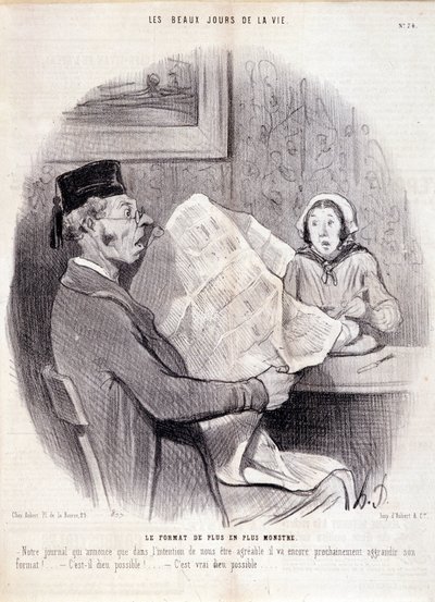 Tegneserie om pressen. Serien “” The Beautiful Days of Life””: “” Det stadig mer monsterformatet...””. Gravering av Honore DAUMIER (1808-1879). Utdrag fra avisen "" Le Charivari"" 18. oktober av Honoré Daumier