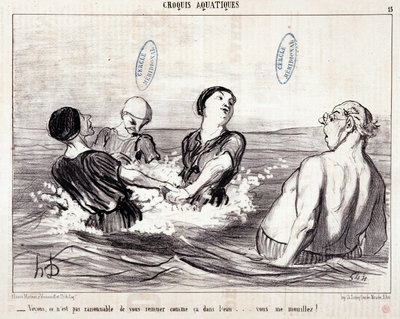 Tegneserie om turister på ferie ved sjøen. Serie "" Les Bains de Mer"": "" Vannskisse. La oss se at det ikke er rimelig å røre deg sånn i vannet... du fukter meg!» Gravering av Honore DAUMIER (1808-1879). Utdrag fra avisen "" Le Chariv av Honoré Daumier