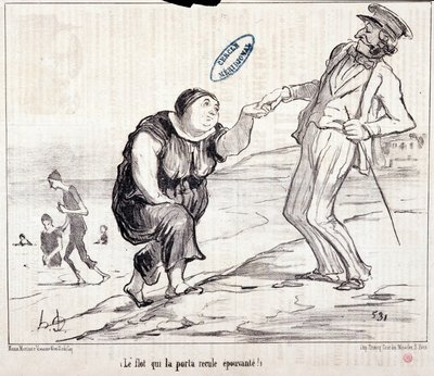 Tegneserie om turister på ferie. Serie "" Axe Bains de Mer: "" Flommen som førte den tilbake skremmende! "" Gravering av Honore DAUMIER (1808-1879). Utdrag fra avisen "" Le Charivari"" av Honoré Daumier