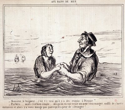 Tegneserie om turister på ferie. Serie “” aux Bains de Mer””: “” Monsieur le bathneur... er det sant at det er haier i Dieppe?...” Gravering av Honore DAUMIER (1808-1879). Utdrag fra avisen "" Le Charivari"" 8. juni av Honoré Daumier