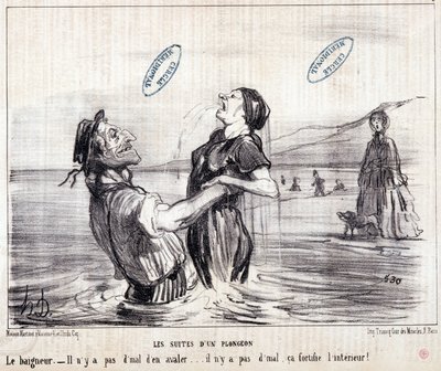 Tegneserie om turister på ferie. Serie "" Les Bains de Mer"": "" Vannskisse. Sekvensene til et dykk"". Gravering av Honore DAUMIER (1808-1879). Utdrag fra avisen “” Le Charivari”” i 1853. Mål: 24x28cm. Inv 2453 - boks 12 N¡1. Marseille, M av Honoré Daumier
