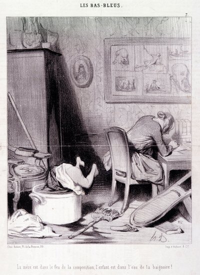 Tegneserie om kvinnelige forfattere. Serie "" Bas Bleus"": "" Moren er i komposisjonens ild, barnet er i badevannet! "" Gravering av Honore DAUMIER (1808-1879). Utdrag fra avisen "" Le Charivari"" 20. februar av Honoré Daumier