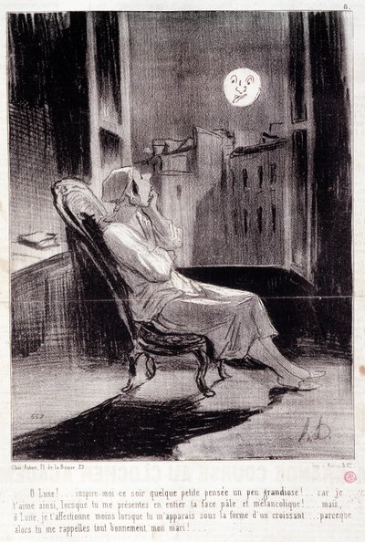 Tegneserie om kvinnelige forfattere. Serien "" Bas Bleus"": "" O! Månen inspirerer meg i kveld...”” Gravering av Honore DAUMIER (1808-1879). Utdrag fra avisen "" Le Charivari"" 28. februar av Honoré Daumier