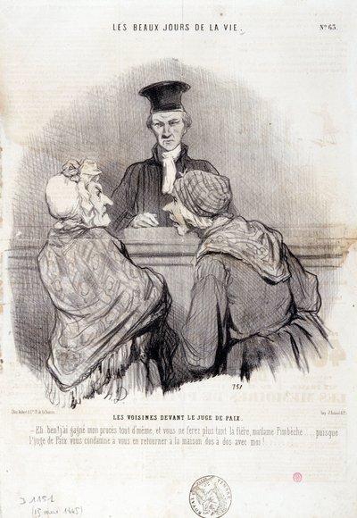Tegneserie om nabolagsforhold: Serie "" The Beautiful Days of Life"": "" Naboer før fredens rettferdighet..."" Gravering av Honore DAUMIER (1808-1879). Utdrag fra avisen "" Le Charivari"" 15. mai av Honoré Daumier