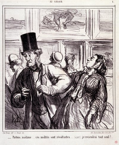 Tegneserie om kunstelskere: Serie "" Au salon"": La oss forlate frue... disse nakene er revoltanter... Jeg kommer tilbake helt alene"" Gravering av Honore DAUMIER (1808-1879). Utdrag fra avisen "" Le Charivari"" 5. mai av Honoré Daumier
