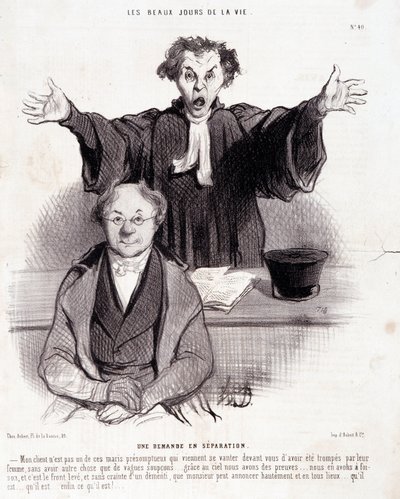 Tegneserie om skilsmisser: Serien "" The Beautiful Days of Life"": "" En forespørsel om separasjon..."". Gravering av Honore DAUMIER (1808-1879). Utdrag fra avisen "" Le Charivari"" 29. januar av Honoré Daumier