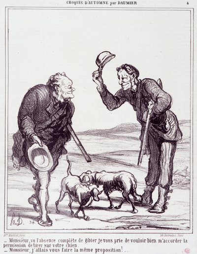 Tegneserie om jegerne: Serie “” Autumn Sketch””: “” Sir, gitt det fullstendige fraværet av vilt, vennligst gi meg tillatelse til å skyte hunden din...”” Gravering av Honore DAUMIER (1808-1879). Utdrag fra avisen "" Le Charivari"" 28. september av Honoré Daumier