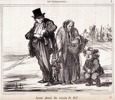 Tegneserie om vindyrking. Serie “” Autumn Sketch””: “” In Harvest. Har misbruk av druene fra 1857"" Gravering av Honore DAUMIER (1808-1879). Utdrag fra avisen "" Le Charivari"" 16. oktober av Honoré Daumier