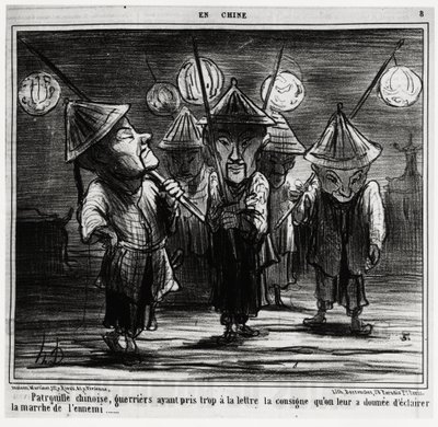 Kinesisk patrulje, krigere som hadde tatt for mye til punkt og prikke instruksjonene de hadde fått om å lette fiendens marsj. I serien En Chine, illustrasjon av Honore Daumier (1808-1879), publisert i "" Charivari"", datert 25. januar av Honoré Daumier
