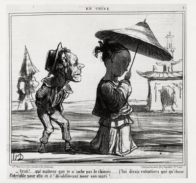 Christi! Jeg vet ikke hvordan jeg snakker kinesisk... Jeg vil gjerne fortelle henne at noe behagelig for henne og uforpliktende for mannen hennes!... I serien En Chine, illustrasjon av Honore Daumier (1808-1879), publisert i "" Charivari””, datert 12. janu av Honoré Daumier