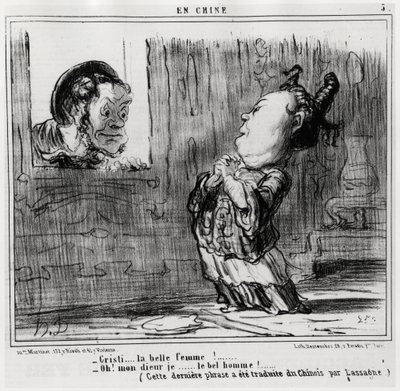 Christi, den vakre kvinnen! ; "" Åh! Gud, jeg... Den kjekke mannen!» (Denne siste setningen er oversatt fra kinesisk av Lassagne.), i serien En Chine, illustrasjon av Honore Daumier (1808-1879), publisert i "Charivari" av Honoré Daumier