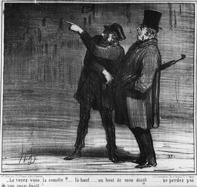 Ser du kometen? opp... ved enden av fingeren min... ikke mist fingeren av syne!... , tegneserie av Honore Daumier (1808-1879). “Charivari” av Honoré Daumier