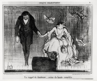 Dramatiske sketsjer: en sangerpåminnelse, høykomediescene. Illustrasjon av Honore Daumier (1808-1879), publisert i "" Charivari", datert 9. januar av Honoré Daumier